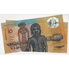 AUSTRALIA 1988 . TEN 10 DOLLAR BANKNOTES . FRASER/JOHNSTON . CONSECUTIVE PAIR . LAST PREFIX AB33